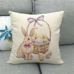 Detailed texture of linen Easter pillowcase featuring watercolor rabbit and egg basket
