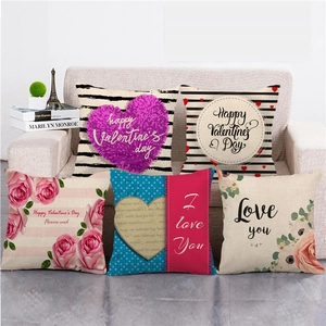 Taie d'Oreiller en Lin Saint-Valentin Décorative Cœur Fleurs Imprimée Housse de Coussin Canapé Lit Maison Carrée