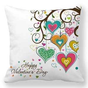 Square Valentine's Day pillowcase featuring colorful hearts on branches with festive text