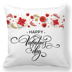 Detail of Valentine's Day pillow case with red hearts, roses and gift box elements