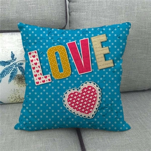 Teal polka dot linen pillow case with LOVE collage and lace heart for Valentine's Day