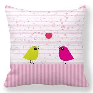 Detail of pink striped peach skin pillowcase featuring cute cartoon birds and hearts