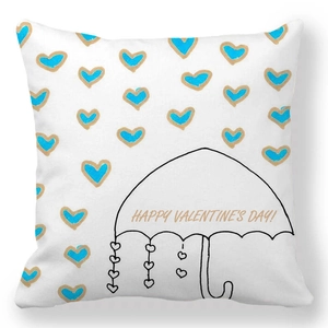 Detail of Valentine's pillowcase with blue heart raindrops and happy umbrella motif