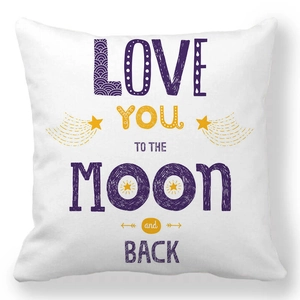 Close-up of peach skin linen pillowcase with Love You to the Moon and Back print