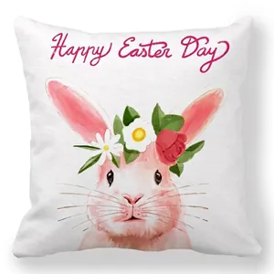 Dettaglio federa Happy Easter con coniglio ad acquerello e ghirlanda di fiori colorati