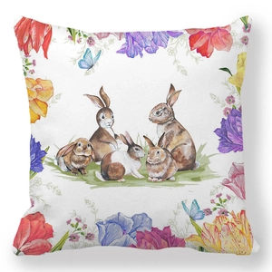Detail of watercolor Easter bunnies and spring flowers on a white peach skin pillowcase