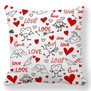 Square peach skin pillowcase with vibrant hand-drawn heart patterns and LOVE typography