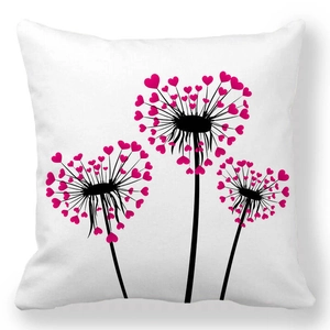 Close-up of pink heart dandelion print on white linen texture square pillowcase