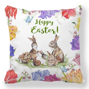 Detail of Happy Easter pillowcase featuring watercolor rabbits and spring floral pattern
