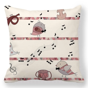 Detail of peach skin fabric cushion cover with cartoon birds and musical instruments