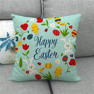 Close-up of Happy Easter linen pillowcase featuring bunny and eggs on a sofa