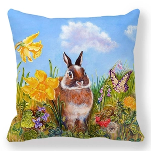 Easter rabbit and floral eggs throw pillow cover with daffodils and butterfly print