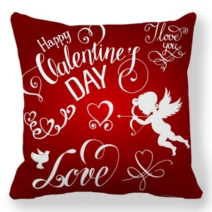 Red peach skin square pillowcase with white Happy Valentine's Day heart print pattern
