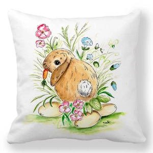 Detail of soft peach skin pillowcase with watercolor Easter bunny and egg illustration