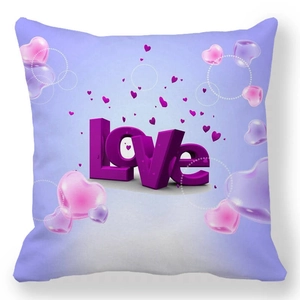 Detail of lavender peach skin pillowcase featuring artistic Love text and hearts