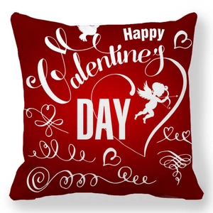 Close-up of red Valentine's Day pillowcase with white Happy Valentine's Day heart design
