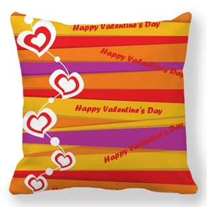 Detail of Happy Valentine's Day peach skin pillowcase with red hearts and colorful stripes