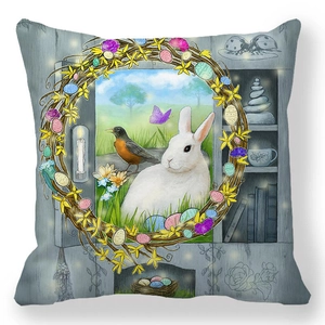 Detailed view of Easter rabbit and bird print on peach skin throw pillow case