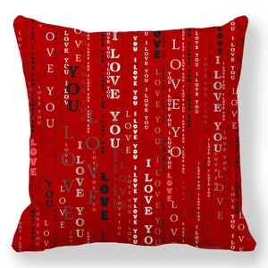 Detail of red peach skin pillowcase with repeating I LOVE YOU print for Valentine's Day