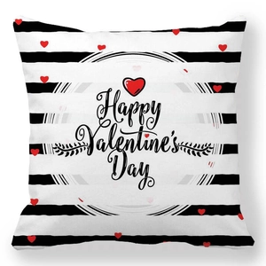 Detail of Happy Valentine's Day red heart print on striped peach skin pillowcase