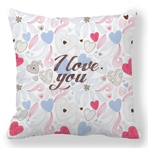 Detail of soft peach skin pillowcase with I Love You print and colorful heart patterns