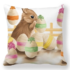Easter throw pillow case with a cute bunny and colorful eggs on a white background