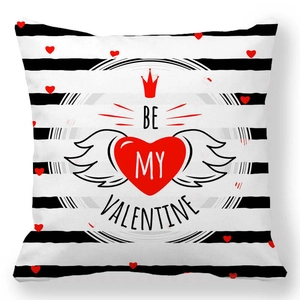 Detail of Be My Valentine peach skin pillowcase with red hearts and black stripes