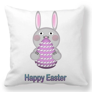 Detail of Happy Easter pillowcase with cartoon rabbit holding a purple polka dot egg