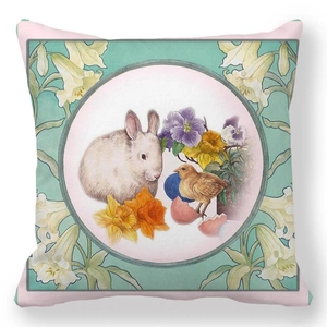 Detail of Easter pillowcase showing a white bunny, yellow chick, and floral egg pattern