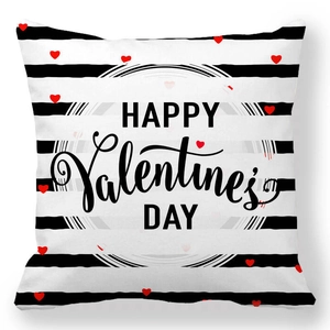 Striped Valentine's Day pillowcase with red hearts and Happy Valentine's Day text