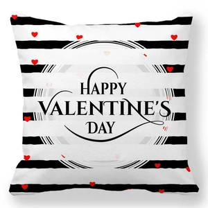 Detail of square pillowcase with black white stripes and red hearts for Valentine's Day