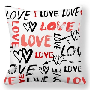 Detail of love and heart pattern print on square peach skin pillowcase for Valentine