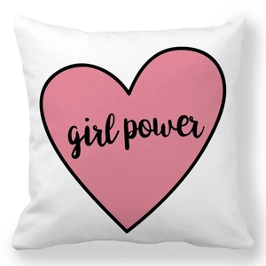 Detail view of peach skin fabric pillowcase with pink heart and girl power print