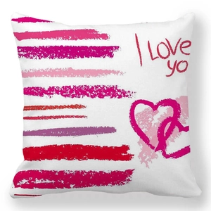 Detail of red and pink striped heart pattern and I Love You text on pillowcase