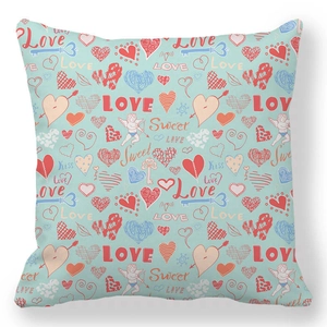 Detail of teal Valentine pillowcase with Cupid prints, hearts and romantic text patterns