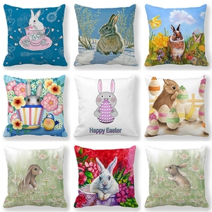 Happy Easter Bunny Eggs Linen Decorative Pillowcase Watercolor Rabbit Floral Cushion Cover For Home Couch Sofa Decor