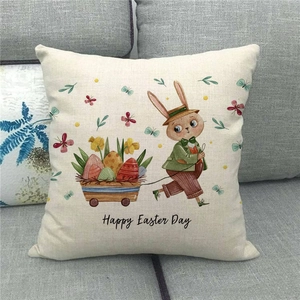 Detailtextur der Leinen-Osterkissenhülle mit Vintage-Hasen- und Eierillustration