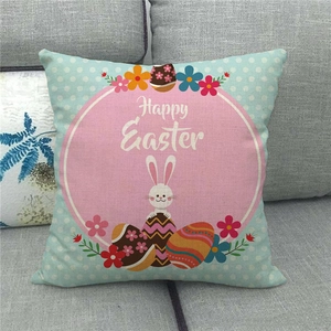 Easter throw pillow case with Happy Easter bunny and colorful eggs on linen fabric