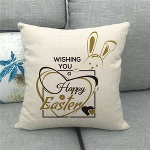 Detailed texture of Easter linen pillowcase with bunny print on a grey sofa