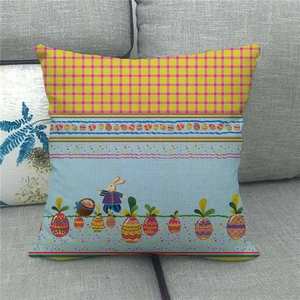 Detailed texture of Easter linen pillowcase with bunny and colorful egg patterns