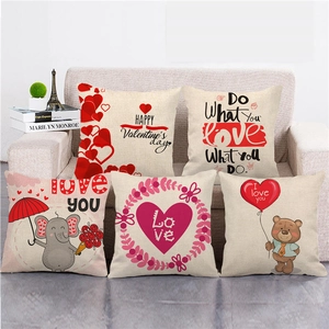 Linen Valentine's Day pillow cover set with red heart and bear prints on sofa