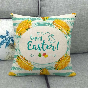 Easter decorative linen pillowcase with bunny, colorful eggs and happy Easter text