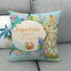 Funda de cojín de Pascua de lino con diseño de conejo en un sofá gris