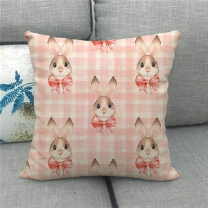 Detail of linen Easter pillowcase with pink plaid and hand-drawn bunny pattern