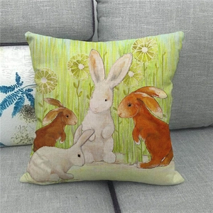 Detailed texture of linen throw pillow cover with Easter bunny and dandelion print