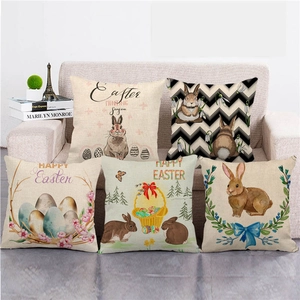 Funda de Almohada de Lino de Conejo de Pascua Patrón de Conejo de Felices Pascuas Funda de Cojín Cuadrada Decorativa