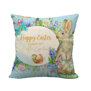 Funda de cojín de lino Felices Pascuas con diseño de conejo, huevos y lunares