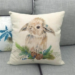Detailed texture of rustic linen pillow cover with watercolor Easter bunny and pinecone print