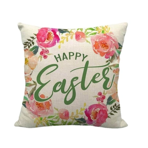 Linen Easter pillowcase featuring floral wreath and Happy Easter text on white background