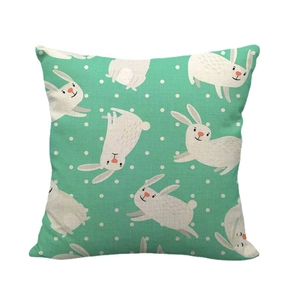Mint green Easter bunny linen pillowcase with white dots and cute cartoon rabbits
